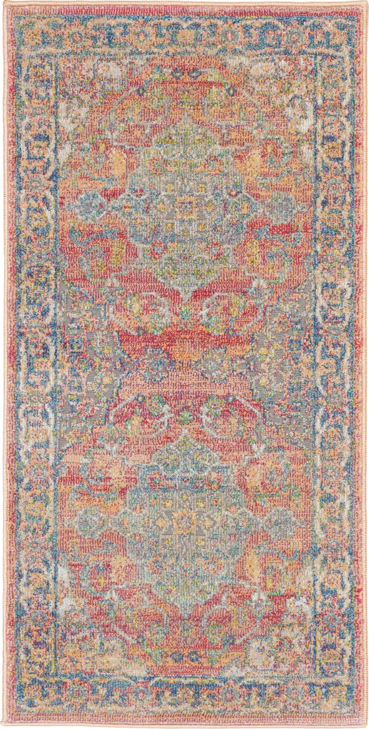 2' X 4' Blue and Red Floral Distressed Non Skid Area Rug