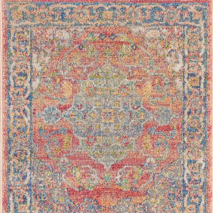 2' X 4' Blue and Red Floral Distressed Non Skid Area Rug