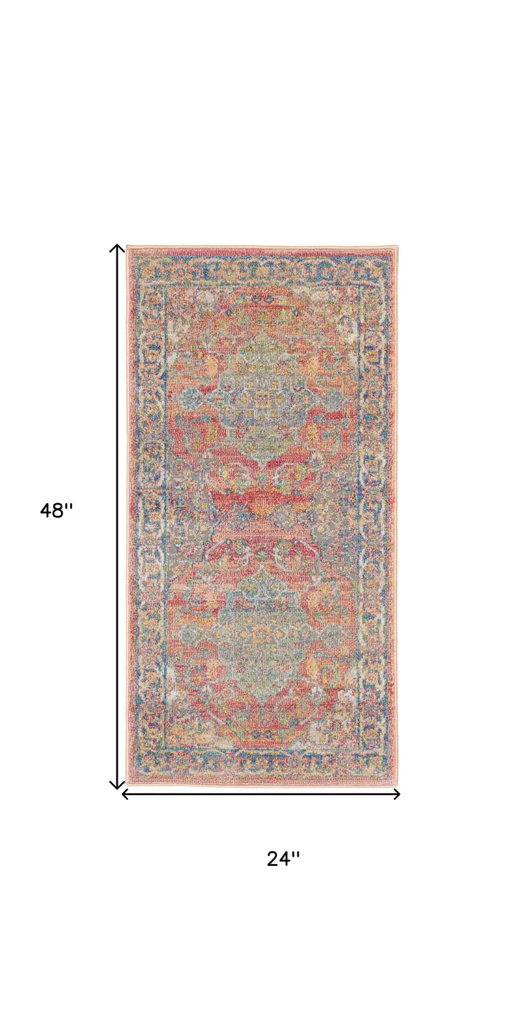 2' X 4' Blue and Red Floral Distressed Non Skid Area Rug