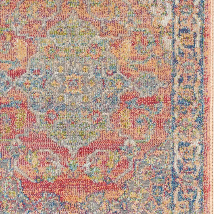 2' X 4' Blue and Red Floral Distressed Non Skid Area Rug