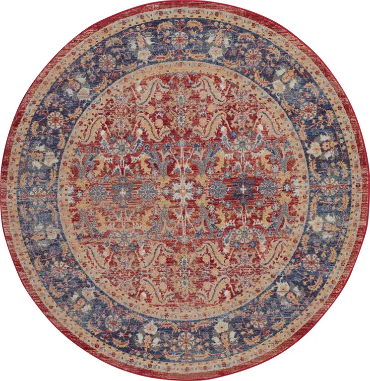 4' Blue and Red Floral Distressed Non Skid Round Rug