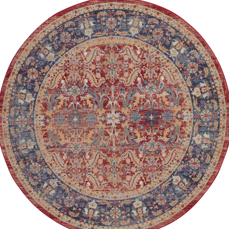 4' Blue and Red Floral Distressed Non Skid Round Rug
