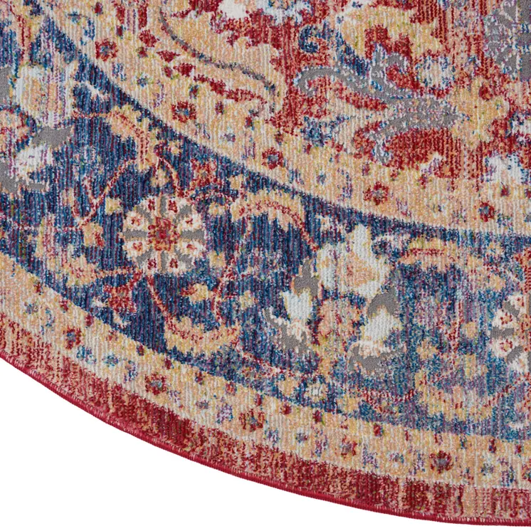 4' Blue and Red Floral Distressed Non Skid Round Rug