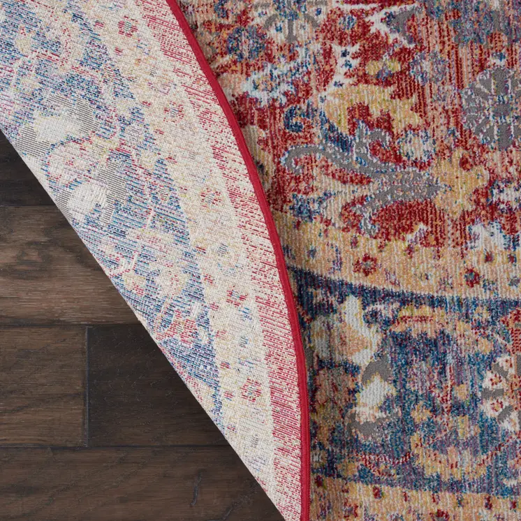 4' Blue and Red Floral Distressed Non Skid Round Rug
