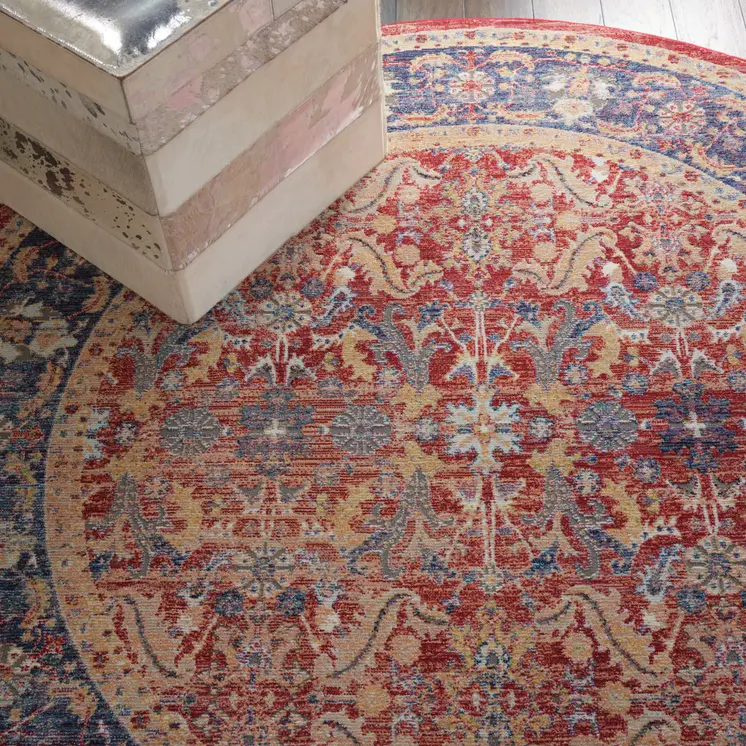 4' Blue and Red Floral Distressed Non Skid Round Rug