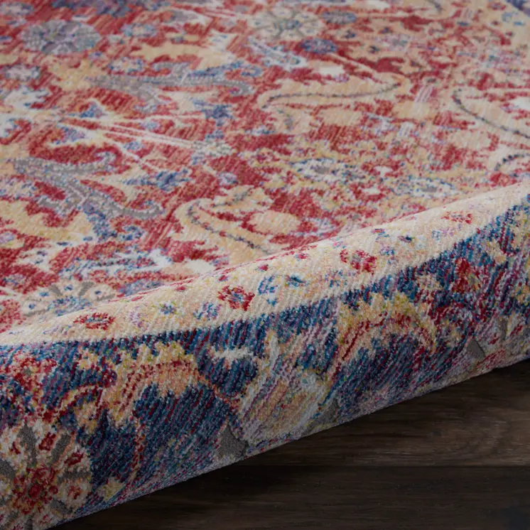 4' Blue and Red Floral Distressed Non Skid Round Rug