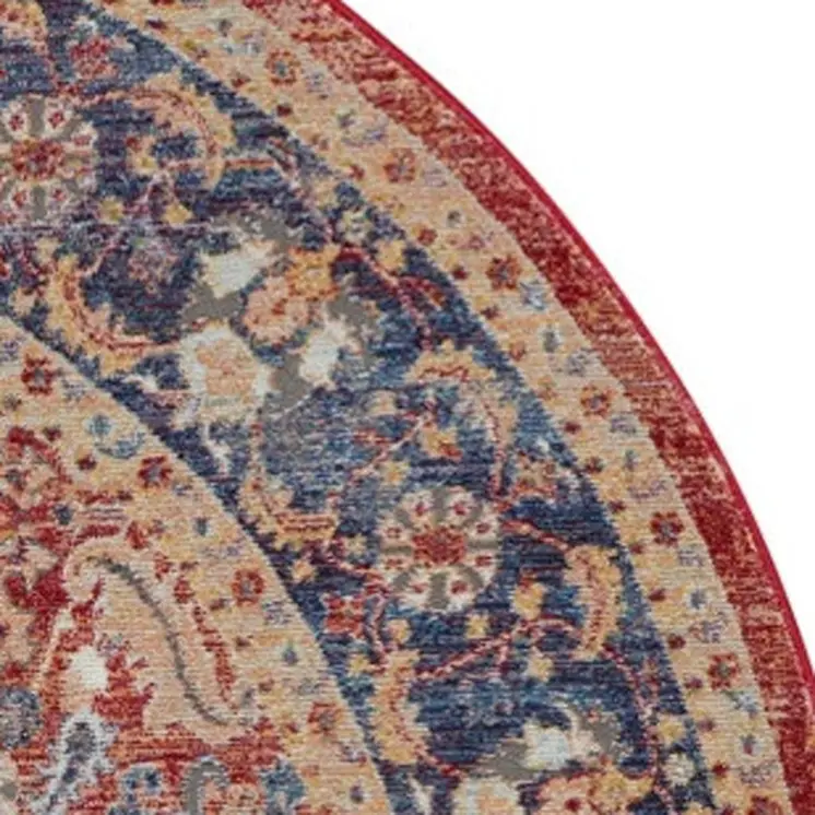 4' Blue and Red Floral Distressed Non Skid Round Rug