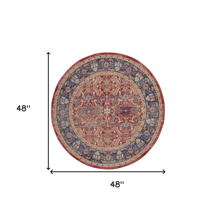 4' Blue and Red Floral Distressed Non Skid Round Rug
