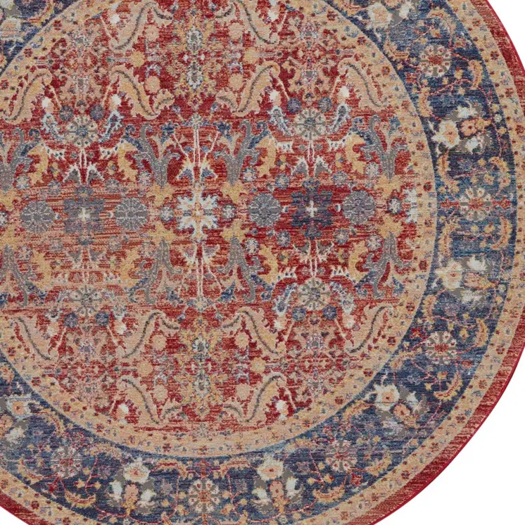 4' Blue and Red Floral Distressed Non Skid Round Rug