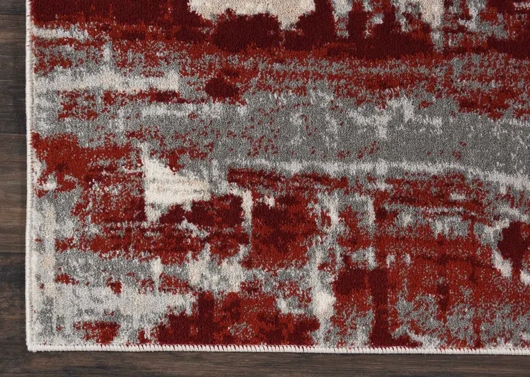 8' Ivory Red and Gray Abstract Non Skid Runner Rug