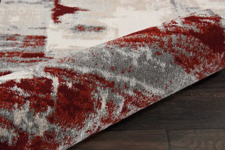8' Ivory Red and Gray Abstract Non Skid Runner Rug