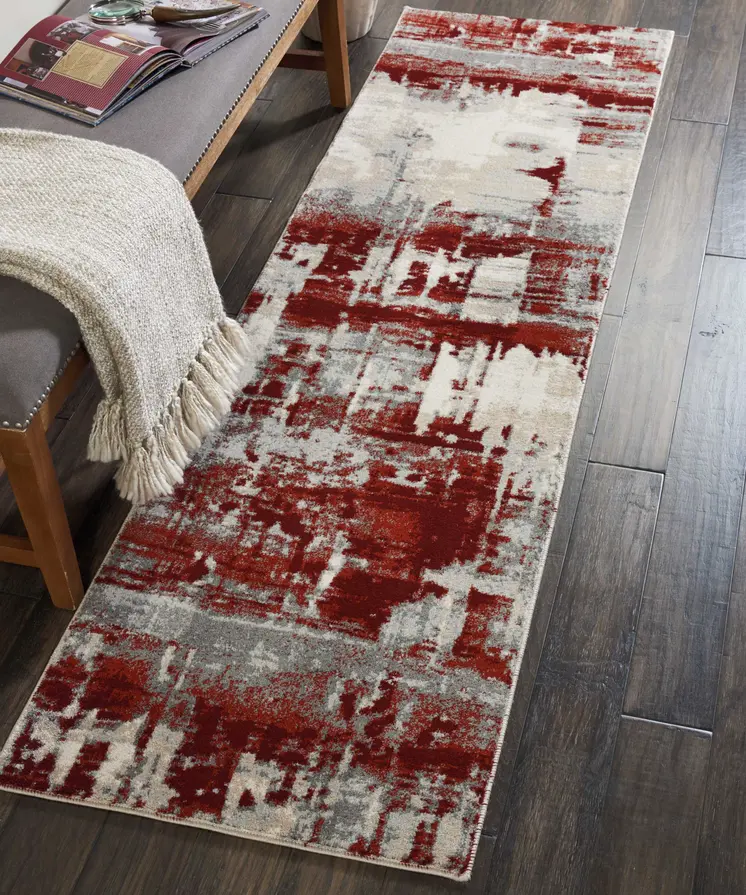8' Ivory Red and Gray Abstract Non Skid Runner Rug