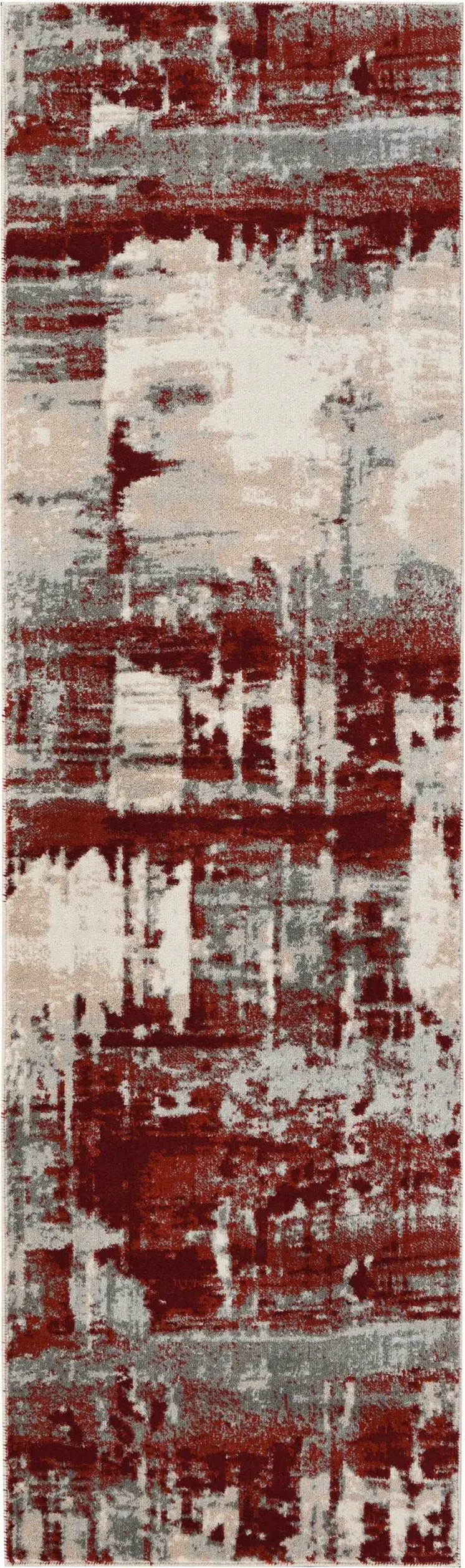 8' Ivory Red and Gray Abstract Non Skid Runner Rug