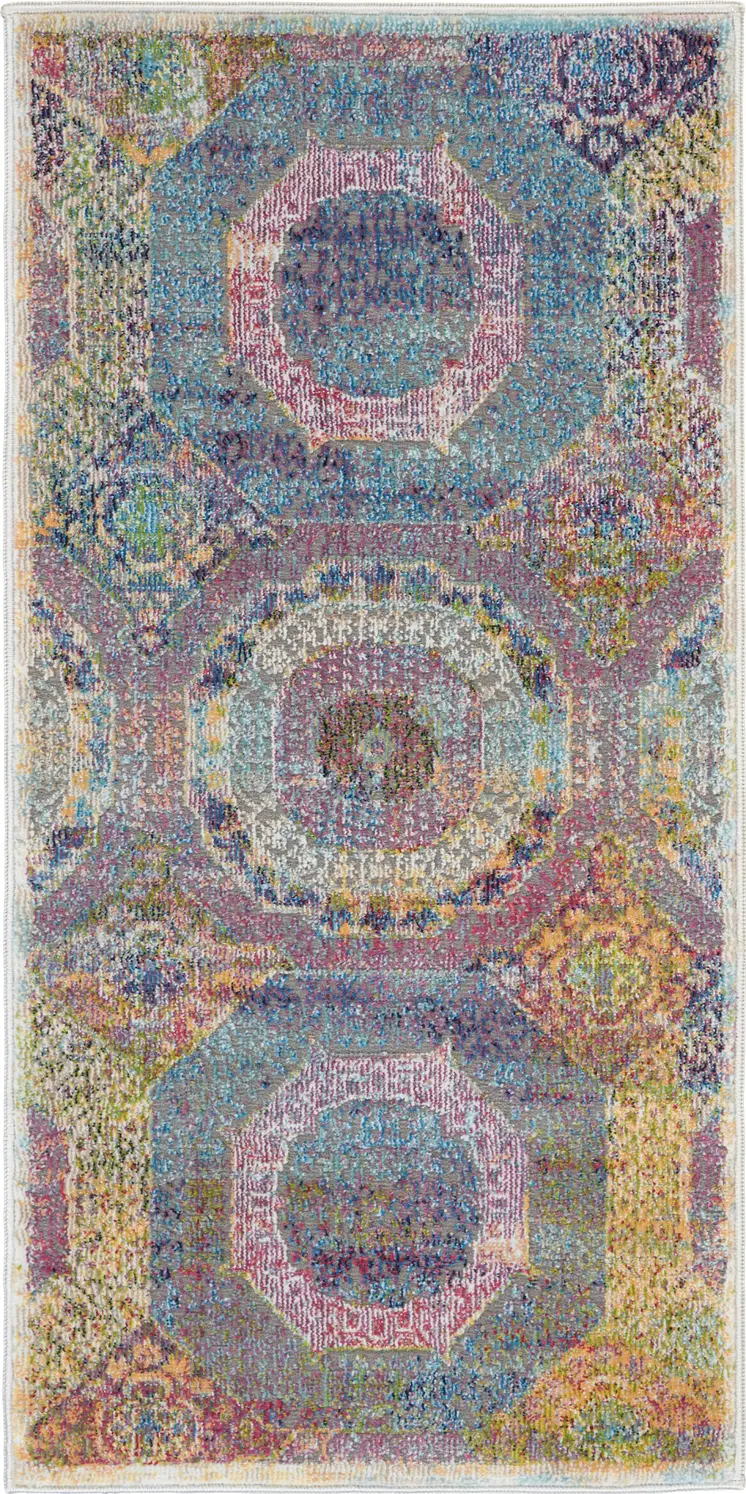 2' X 4' Blue Red and Orange Geometric Distressed Non Skid Area Rug