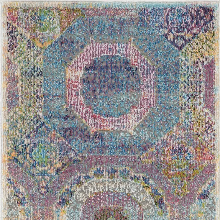 2' X 4' Blue Red and Orange Geometric Distressed Non Skid Area Rug