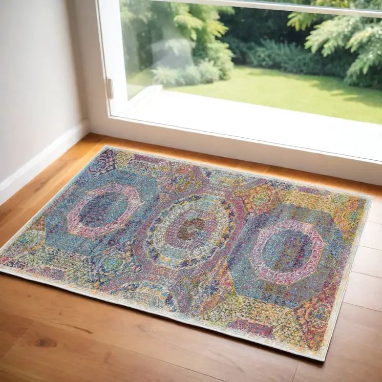 2' X 4' Blue Red and Orange Geometric Distressed Non Skid Area Rug