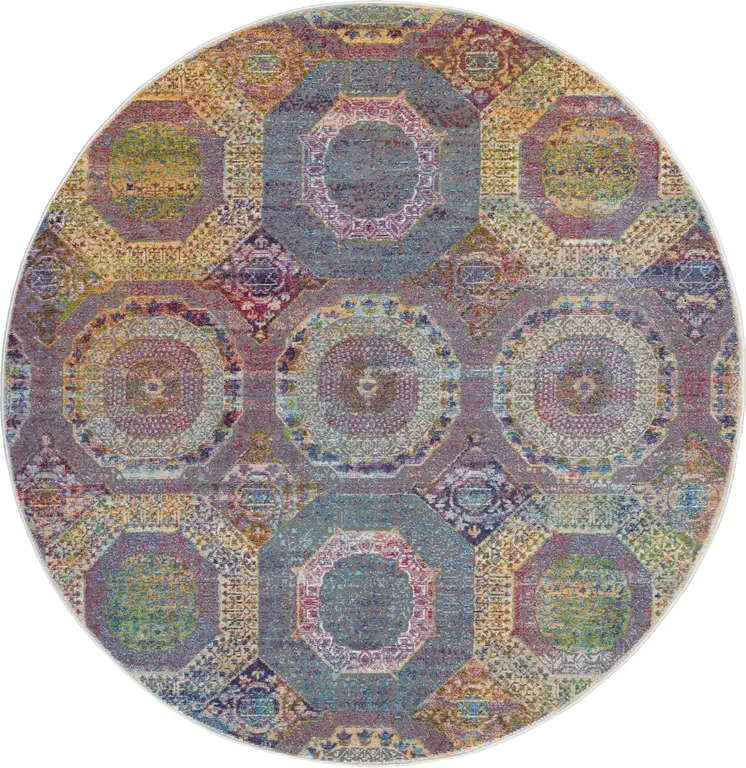 4' Ivory Blue and Orange Geometric Distressed Non Skid Round Rug
