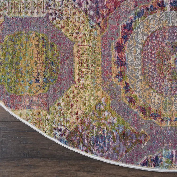 4' Ivory Blue and Orange Geometric Distressed Non Skid Round Rug