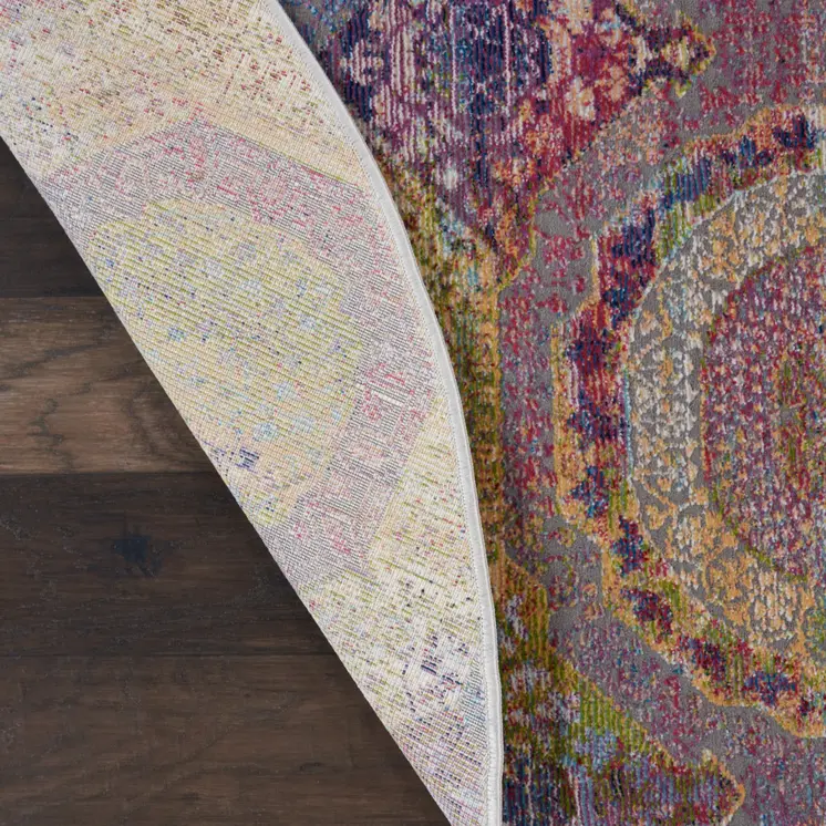 4' Ivory Blue and Orange Geometric Distressed Non Skid Round Rug