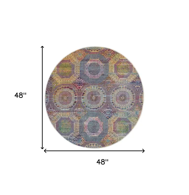 4' Ivory Blue and Orange Geometric Distressed Non Skid Round Rug