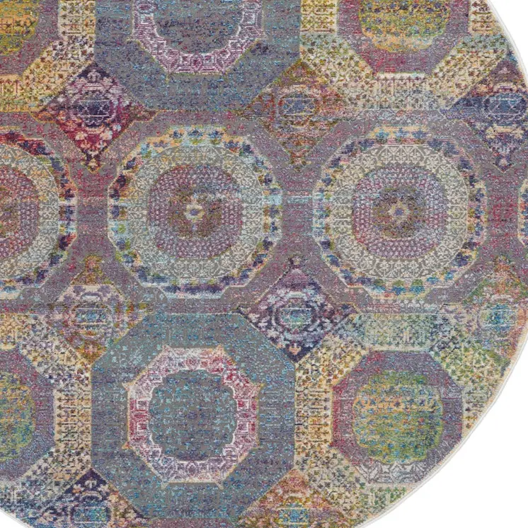 4' Ivory Blue and Orange Geometric Distressed Non Skid Round Rug