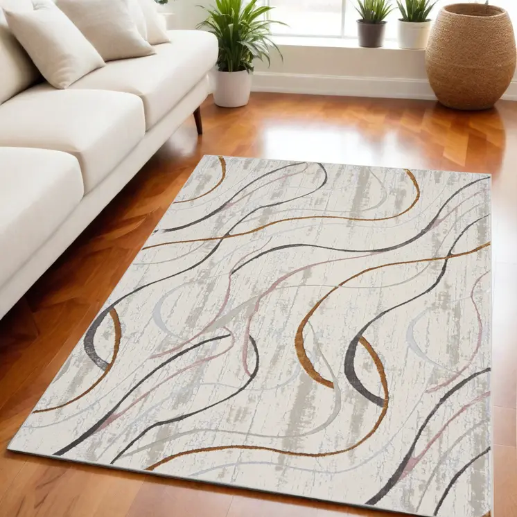 8' X 10' Ivory Brown and Gray Abstract Non Skid Area Rug