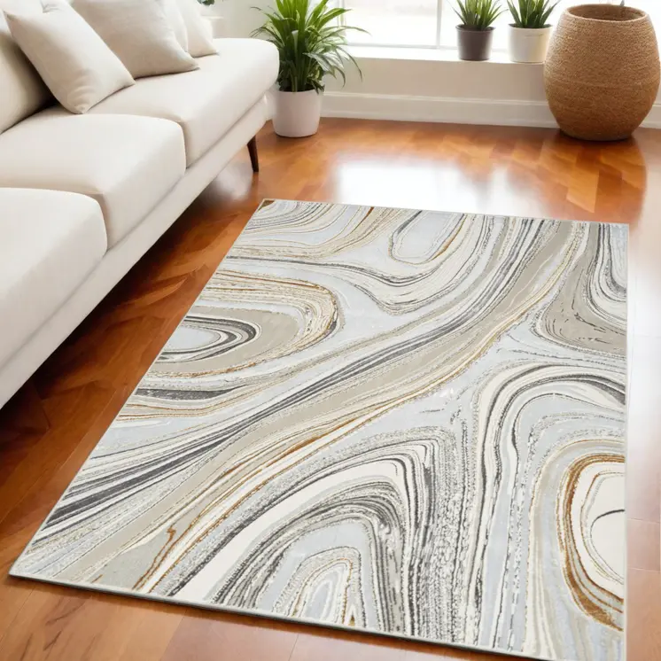 8' X 10' Ivory Gray and Brown Abstract Non Skid Area Rug