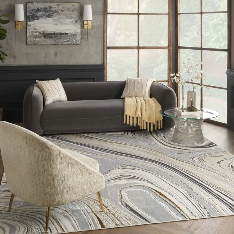 8' X 10' Ivory Gray and Brown Abstract Non Skid Area Rug