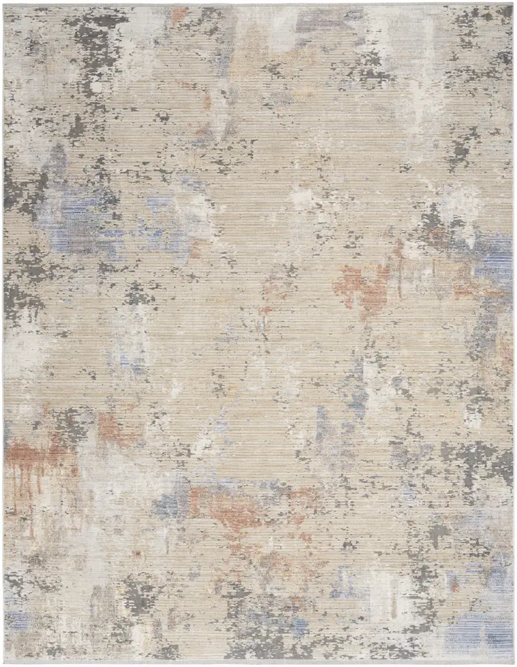 8' X 10' Beige Teal Blue and Gray Abstract Area Rug With Fringe