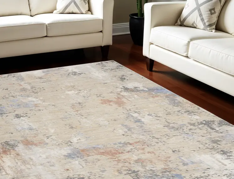 8' X 10' Beige Teal Blue and Gray Abstract Area Rug With Fringe