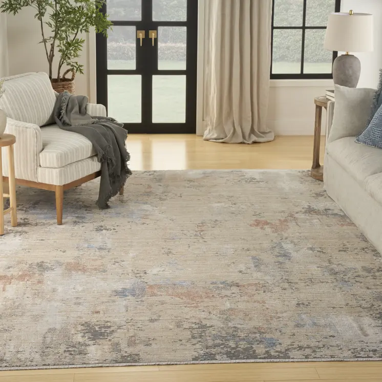 8' X 10' Beige Teal Blue and Gray Abstract Area Rug With Fringe