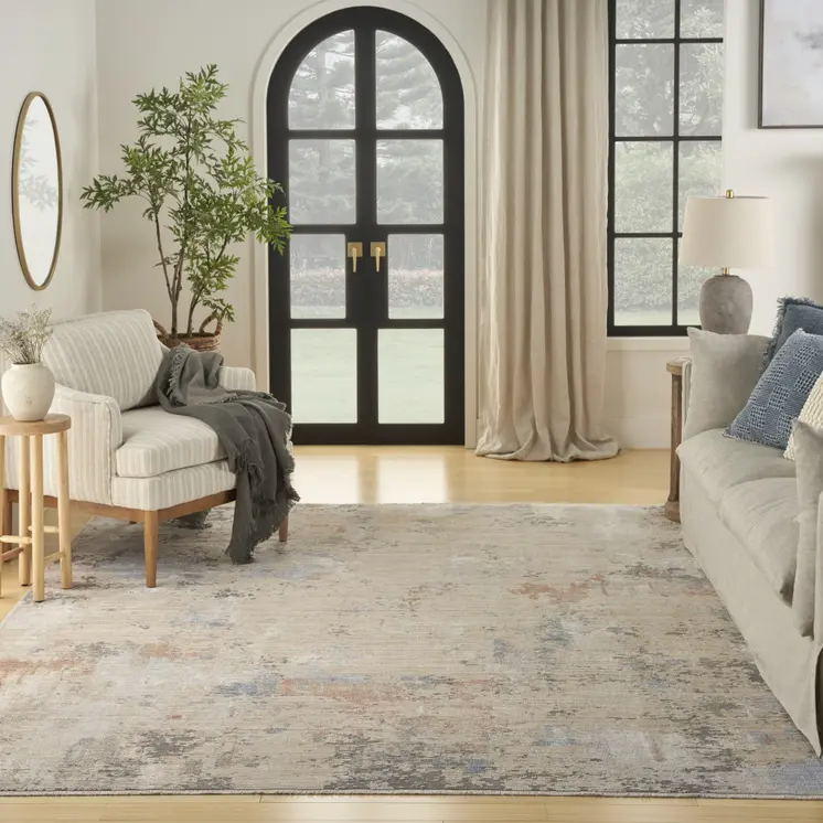 8' X 10' Beige Teal Blue and Gray Abstract Area Rug With Fringe