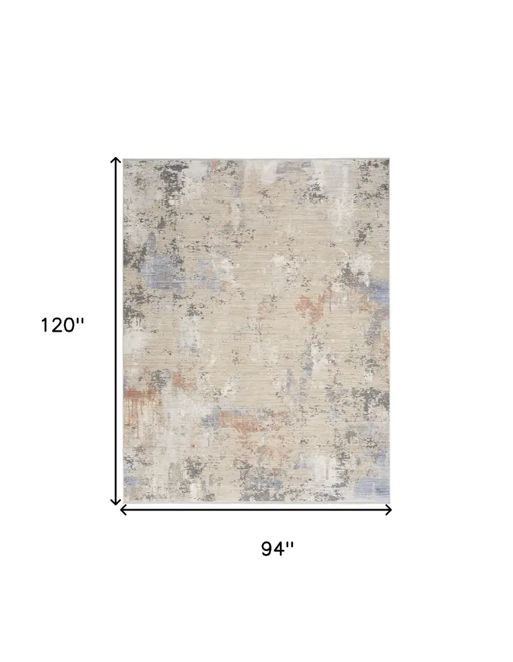 8' X 10' Beige Teal Blue and Gray Abstract Area Rug With Fringe