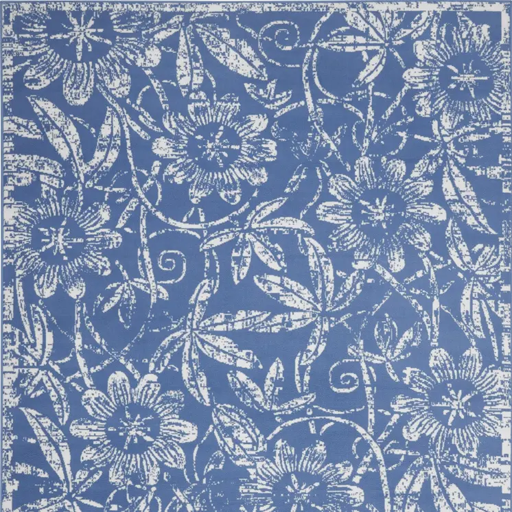 7' X 10' Ivory and Blue Floral Distressed Non Skid Area Rug