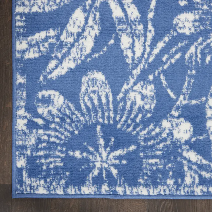 7' X 10' Ivory and Blue Floral Distressed Non Skid Area Rug