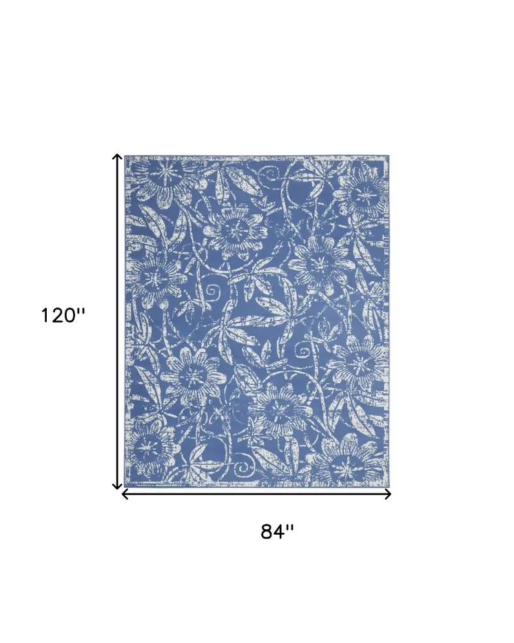 7' X 10' Ivory and Blue Floral Distressed Non Skid Area Rug