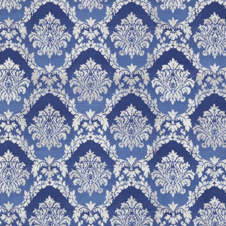 7' X 10' Ivory and Blue Damask Distressed Non Skid Area Rug