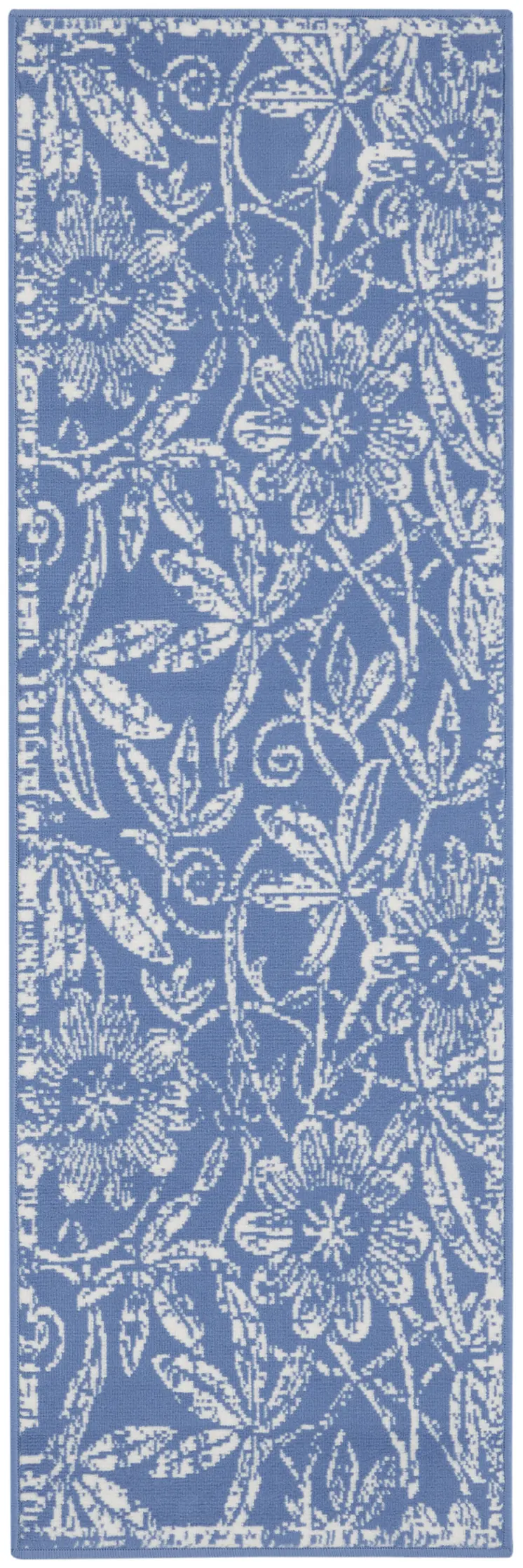8' Ivory and Blue Floral Distressed Non Skid Runner Rug