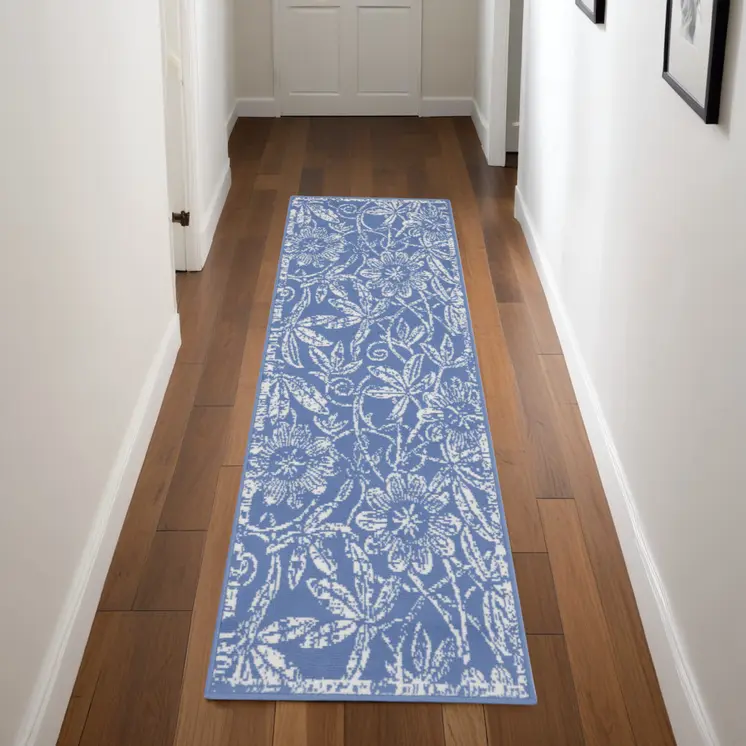 8' Ivory and Blue Floral Distressed Non Skid Runner Rug