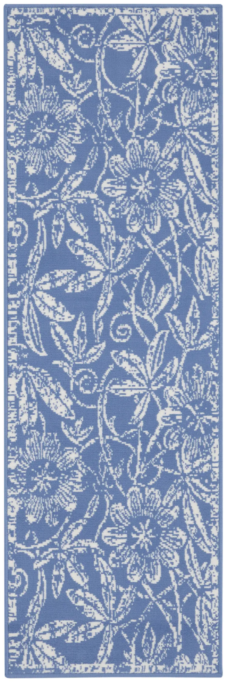 8' Ivory and Blue Floral Distressed Non Skid Runner Rug