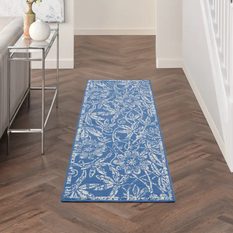 8' Ivory and Blue Floral Distressed Non Skid Runner Rug