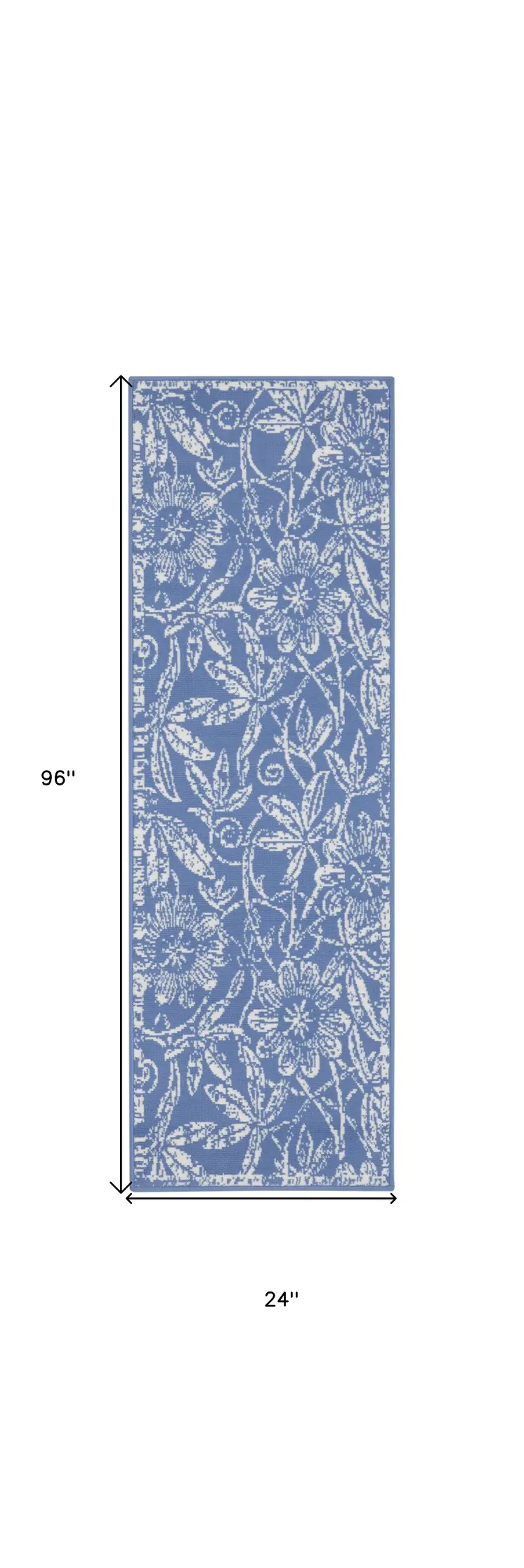 8' Ivory and Blue Floral Distressed Non Skid Runner Rug