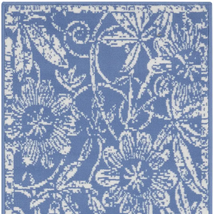 8' Ivory and Blue Floral Distressed Non Skid Runner Rug