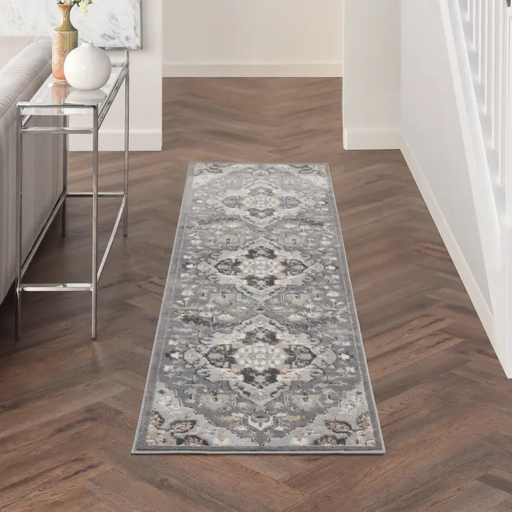 12' Gray and Ivory Floral Non Skid Runner Rug