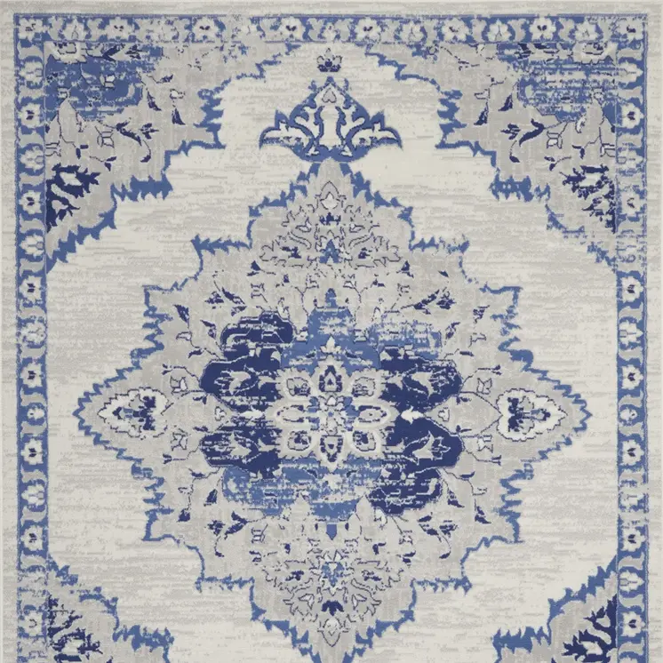 7' X 10' Ivory and Blue Floral Medallion Distressed Non Skid Area Rug