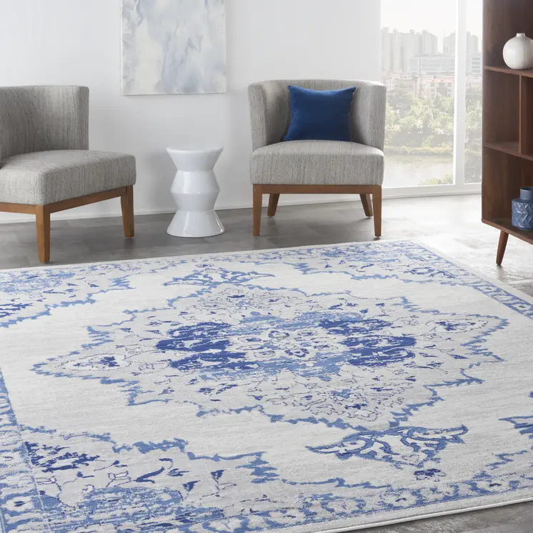 7' X 10' Ivory and Blue Floral Medallion Distressed Non Skid Area Rug