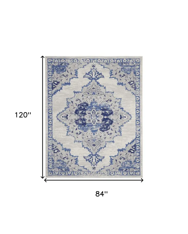 7' X 10' Ivory and Blue Floral Medallion Distressed Non Skid Area Rug