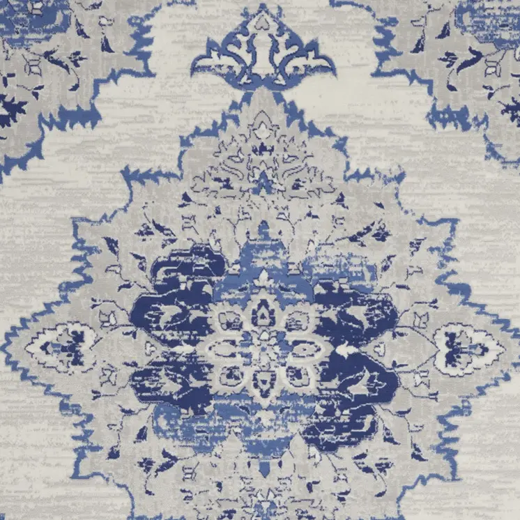 7' X 10' Ivory and Blue Floral Medallion Distressed Non Skid Area Rug