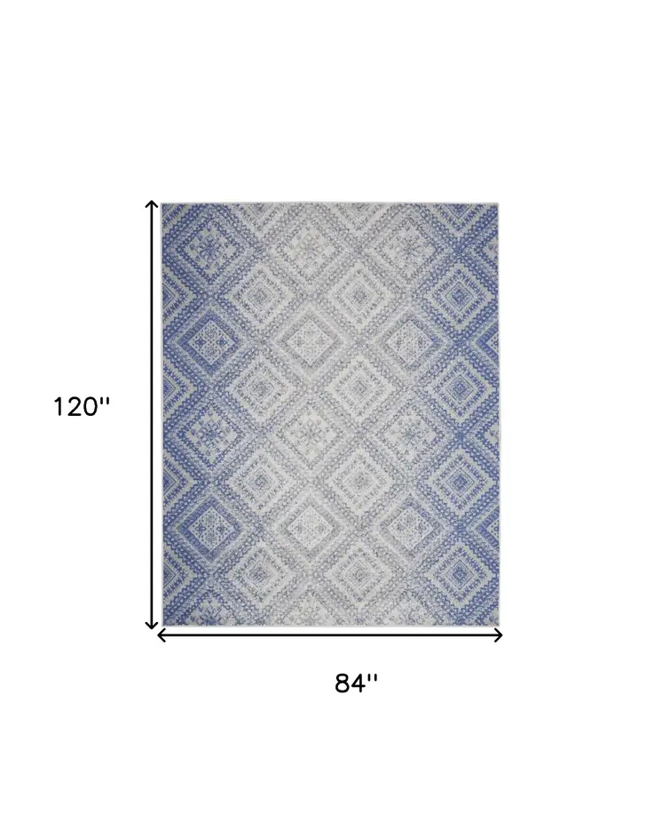 7' X 10' Ivory and Blue Geometric Distressed Non Skid Area Rug