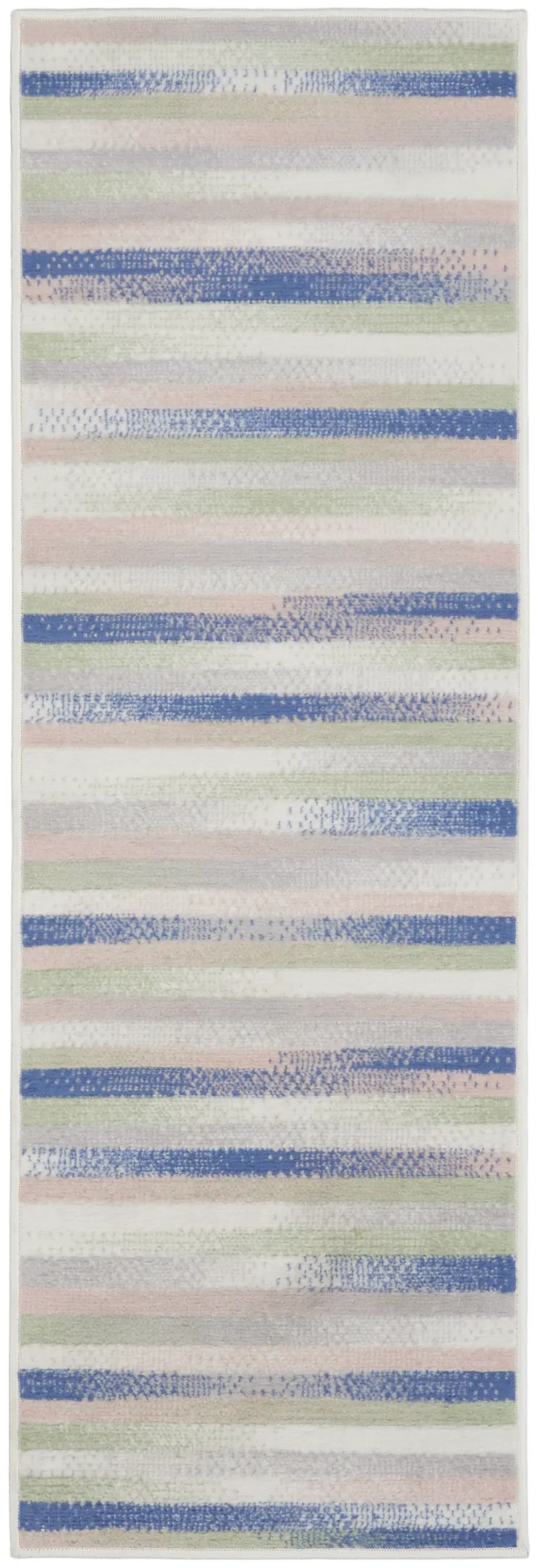 8' Ivory Tan and Blue Abstract Distressed Non Skid Runner Rug